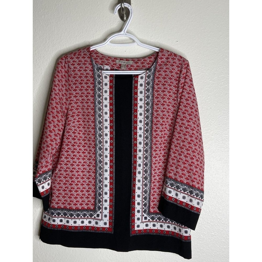 Roz & Ali Red Lightweight Blouse Women Small Patterned Long Sleeve Pop Over 
